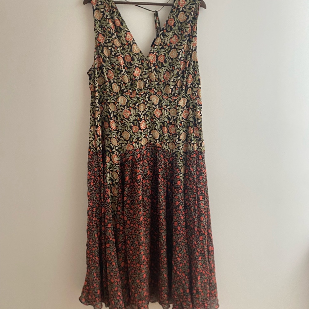 RIXO Floral Midi Dress in Green and Red